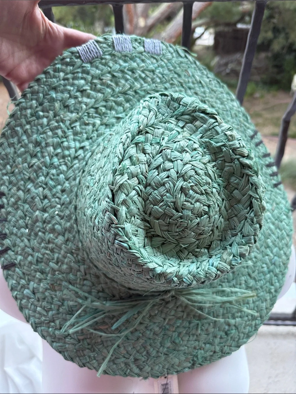 NWT Green Hat Sun Straw 100% paper hand Stitching details OS rancher floppy